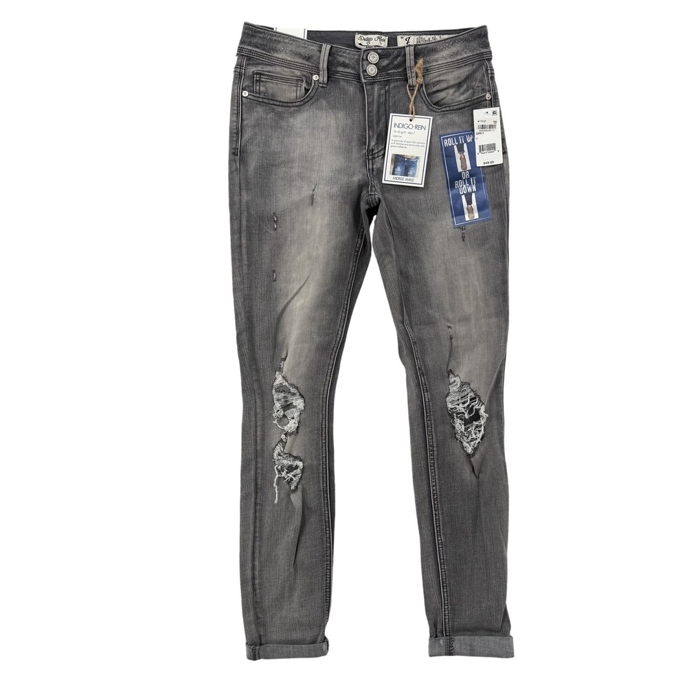 Indigo Rein Womens 7 Grey Midrise Ankle Distressed Ripped Roll Up Jeans B318